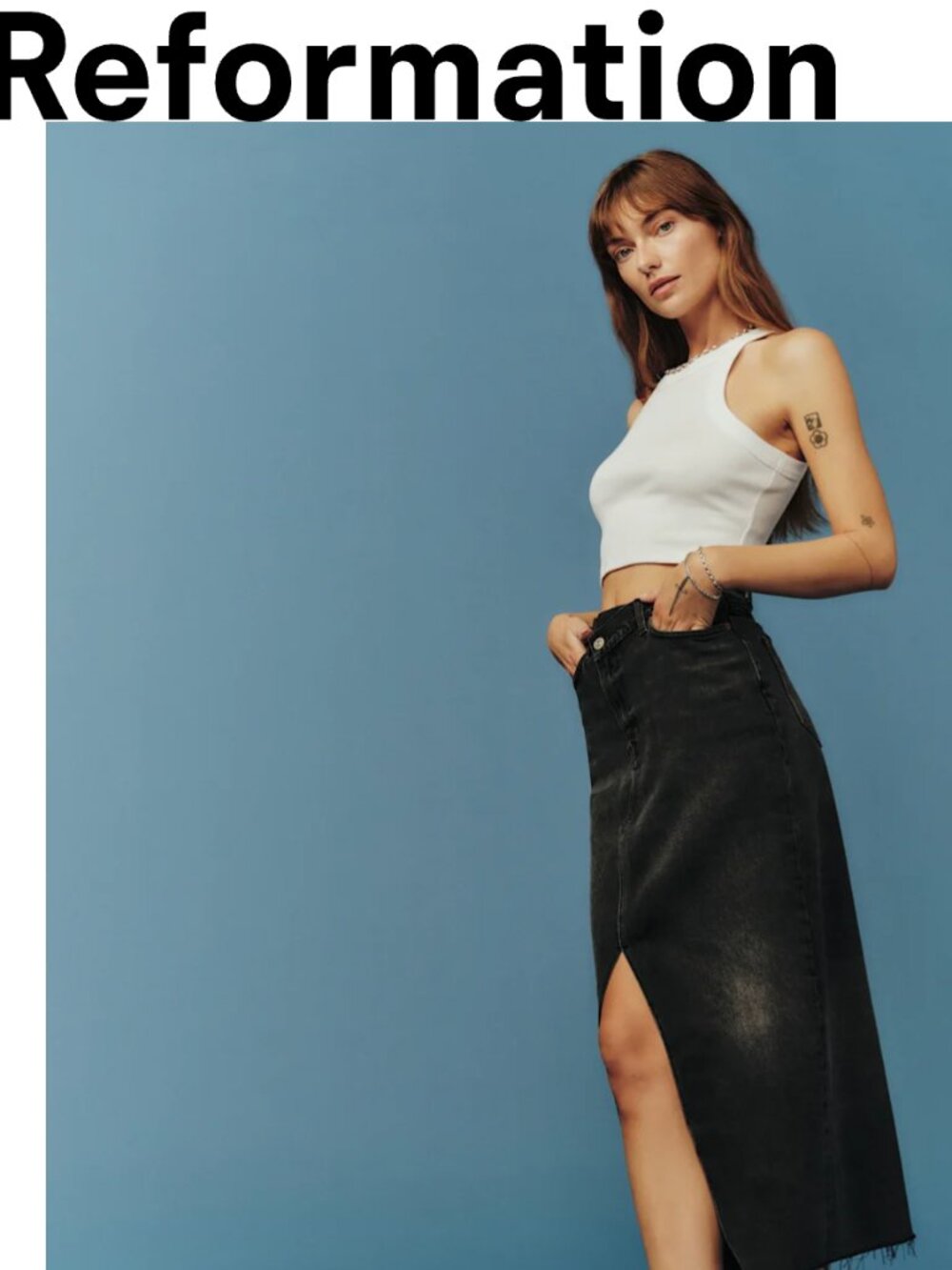 Reformation Nila Long Denim Skirt Washed Black Brand New Size 27